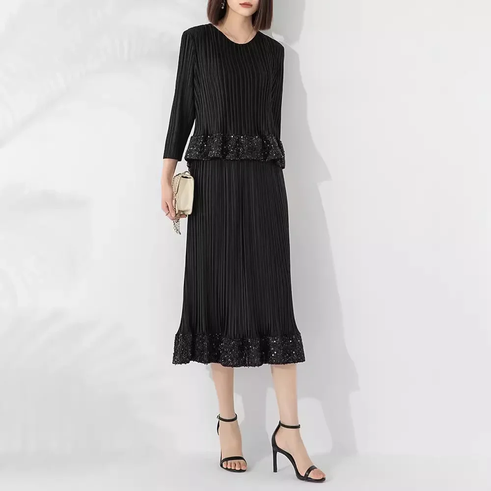 Miyake Pleated Black Versatile Casual Suit Skirt Women's Autumn New Style Simple Large Size High-end Fashion Two-piece Set