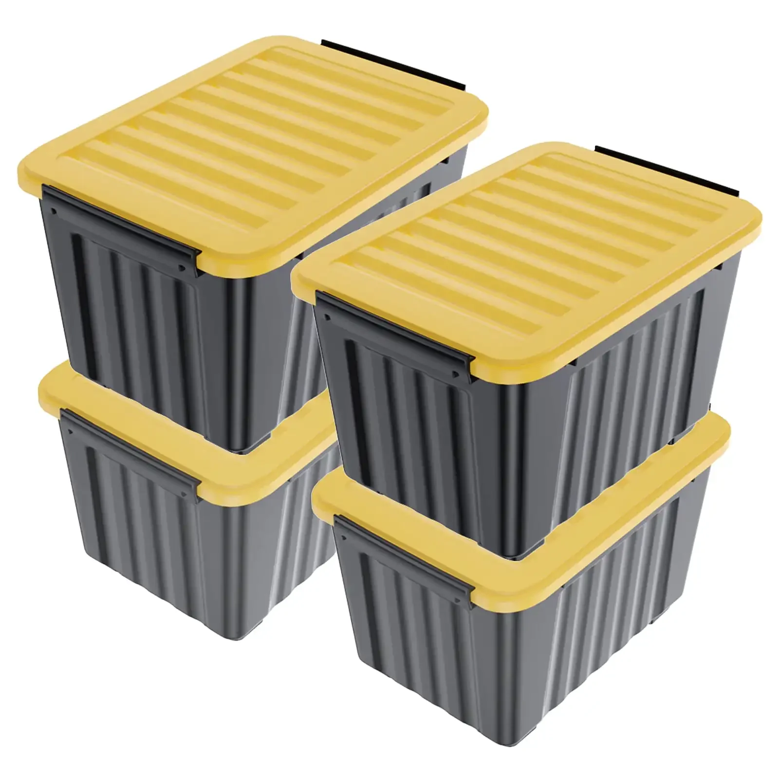 Plastic Storage Bin, Black Stackable and Nestable Storage Boxes with Yellow Lids and Secure Latching Buckles