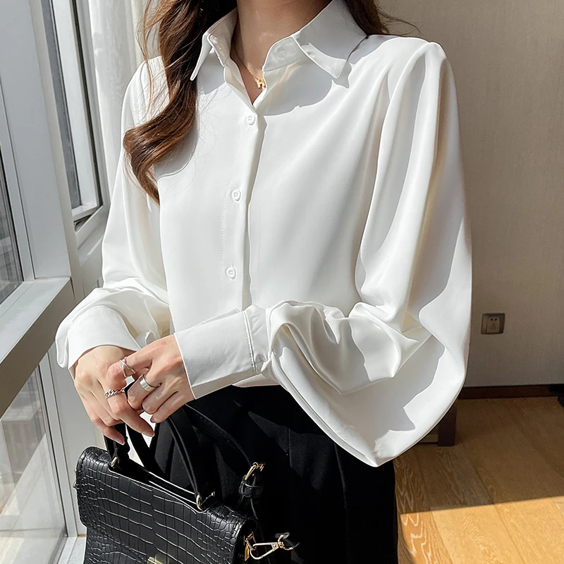 Büro Dame Langarm drehen Kragen Frauen Hemd weiß schwarz Chiffon Hemd Bluse Frauen Tops Blusas Para Mujer Shirts h340