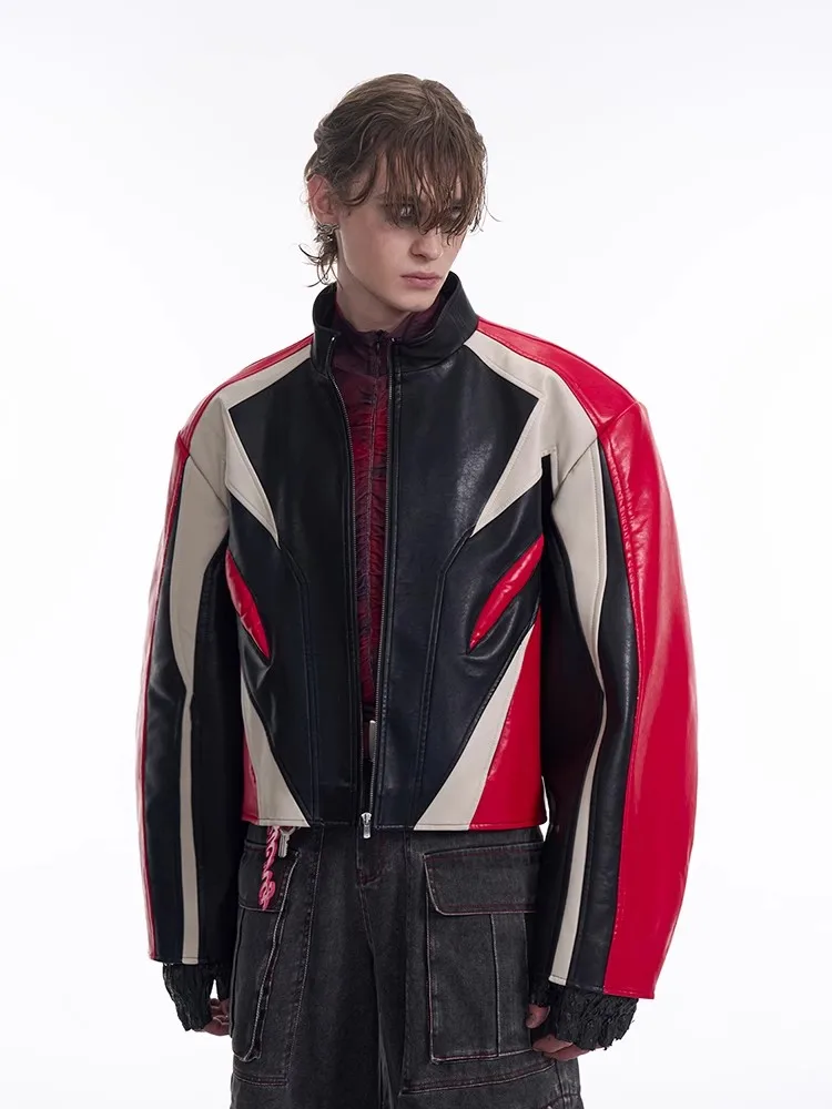 Mauroicardi Spring Autumn Cool Short Color Block Pu Leather Racer Jacket Men Shoulder Pads Zip Up Luxury Designer Clothes 2025
