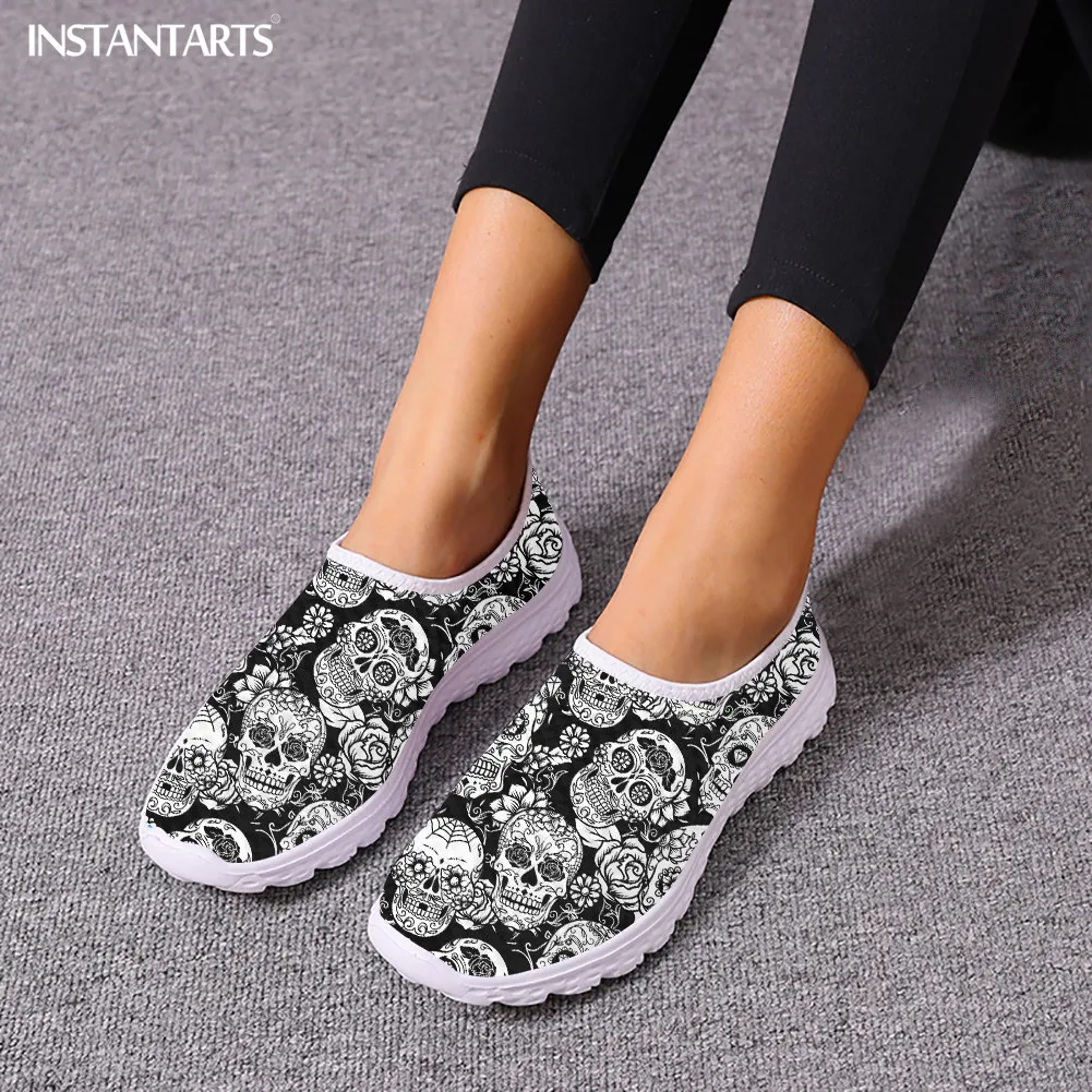 INSTANTARTS Breathable Woman Sneaker Flats Shoes Sugar Skull Print Summer Slip on Ladies Light Loafers Zapatos Mujer Mujer Pisos