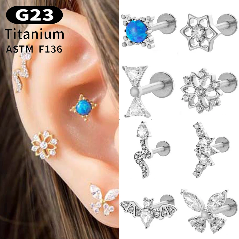 

1PC G23 Titanium Ear Studs Internal Thread Flatback Zircon Butterfly Snake Cartilage Lip Stud Helix Labret Piercing Goth Jewelry