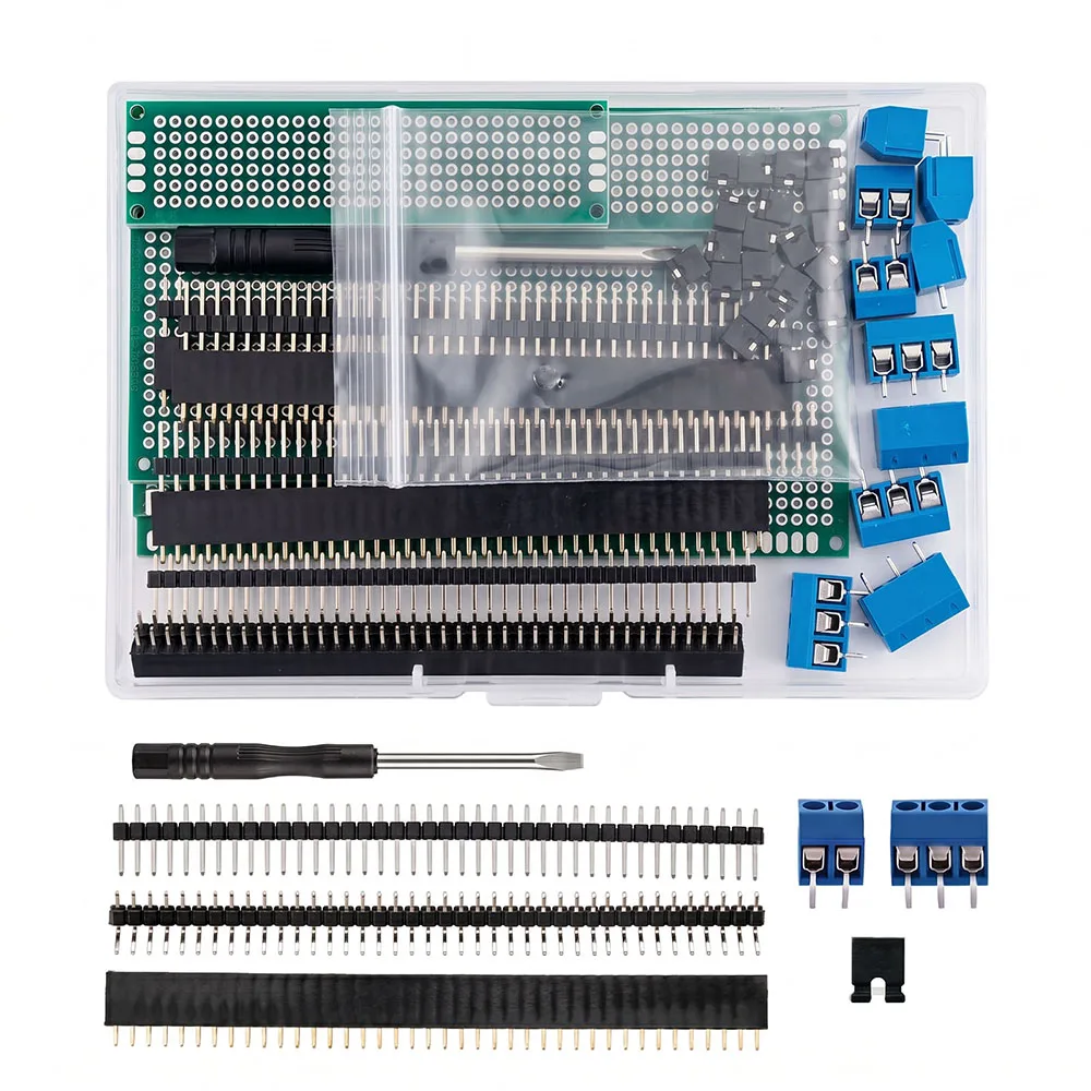 1Box Double Sided PCB Circuit Prototype Board Kit with 40 Pin Single Row Male & Female Pins Header Screw Terminal Blocks DIY Set