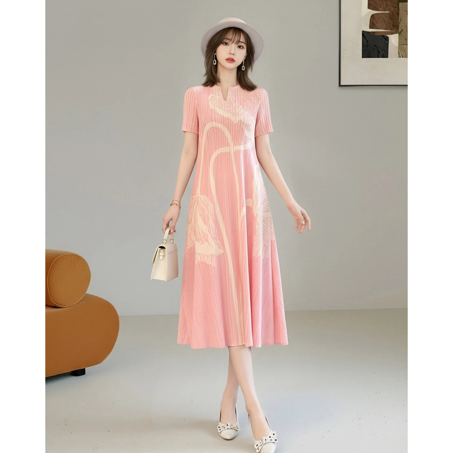 Miyake Pleated Women's Casual Dresses 2026 Summer New Gradient Printed Loose V Neck Short-sleeved Large Swing Dress - view 2