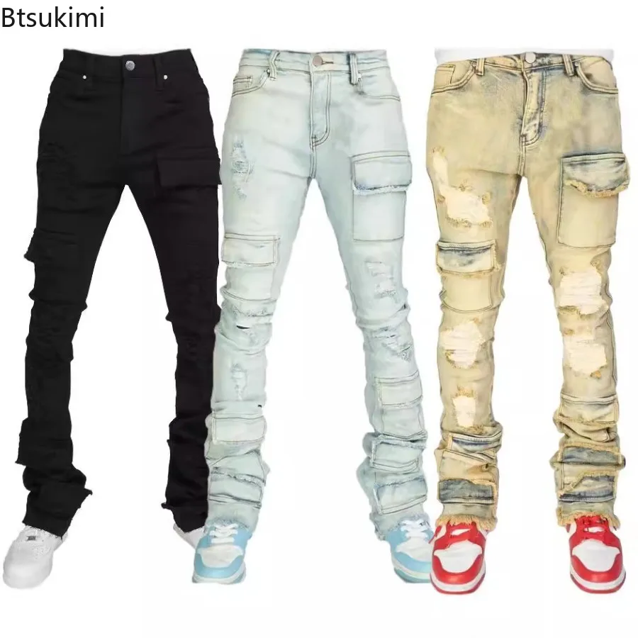 

2025 New Fashion Stretchy Men's Stacked Jean Destroyed Wash Tear Cargo Pants Frayed Hem Muti Pockets Straight Leg Denim Trousers