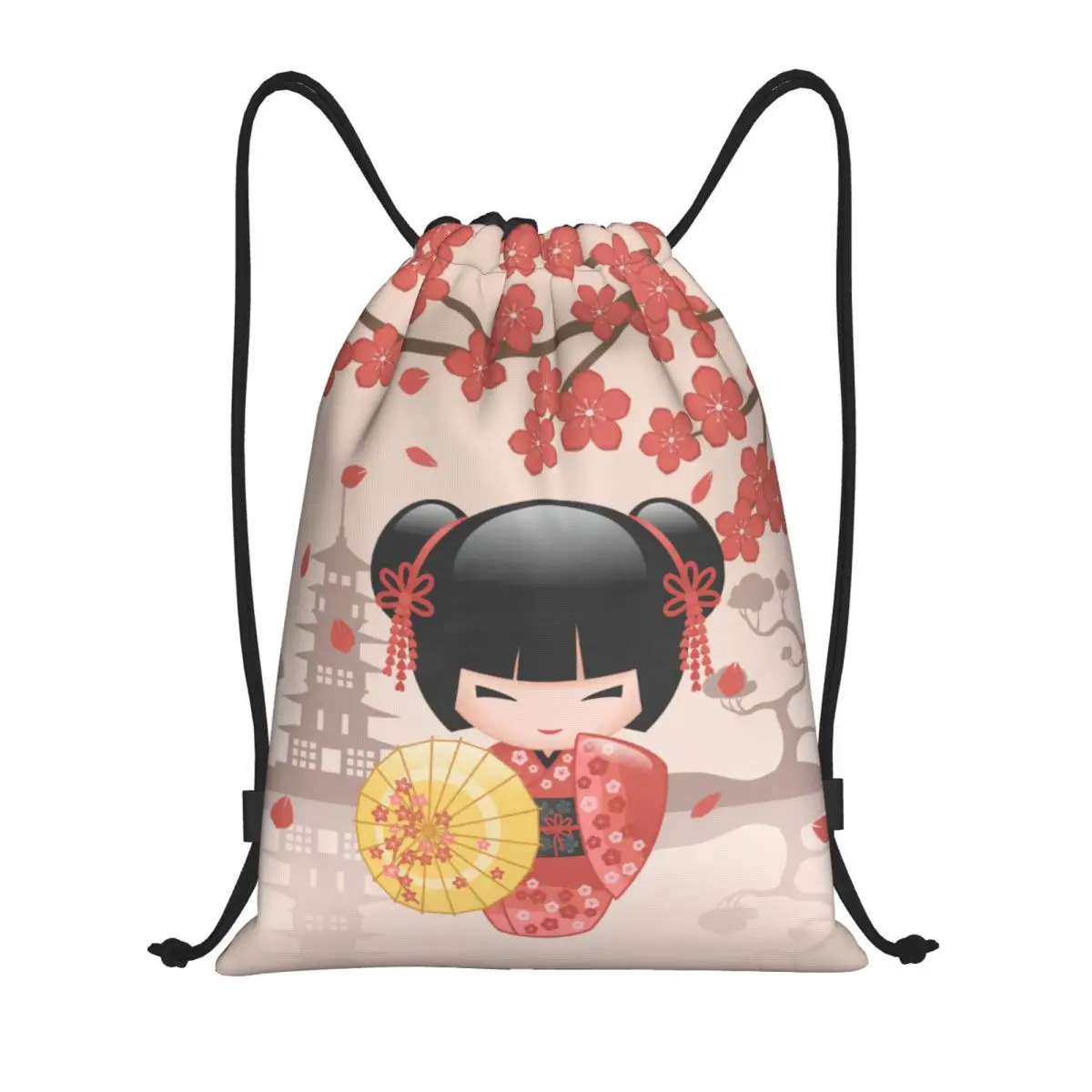 Kawaii Kokeshi Doll Cherry Blossoms Drawstring Bags for Training Yoga Backpacks Japanese Geisha Girl Art Sports Gym Sackpack