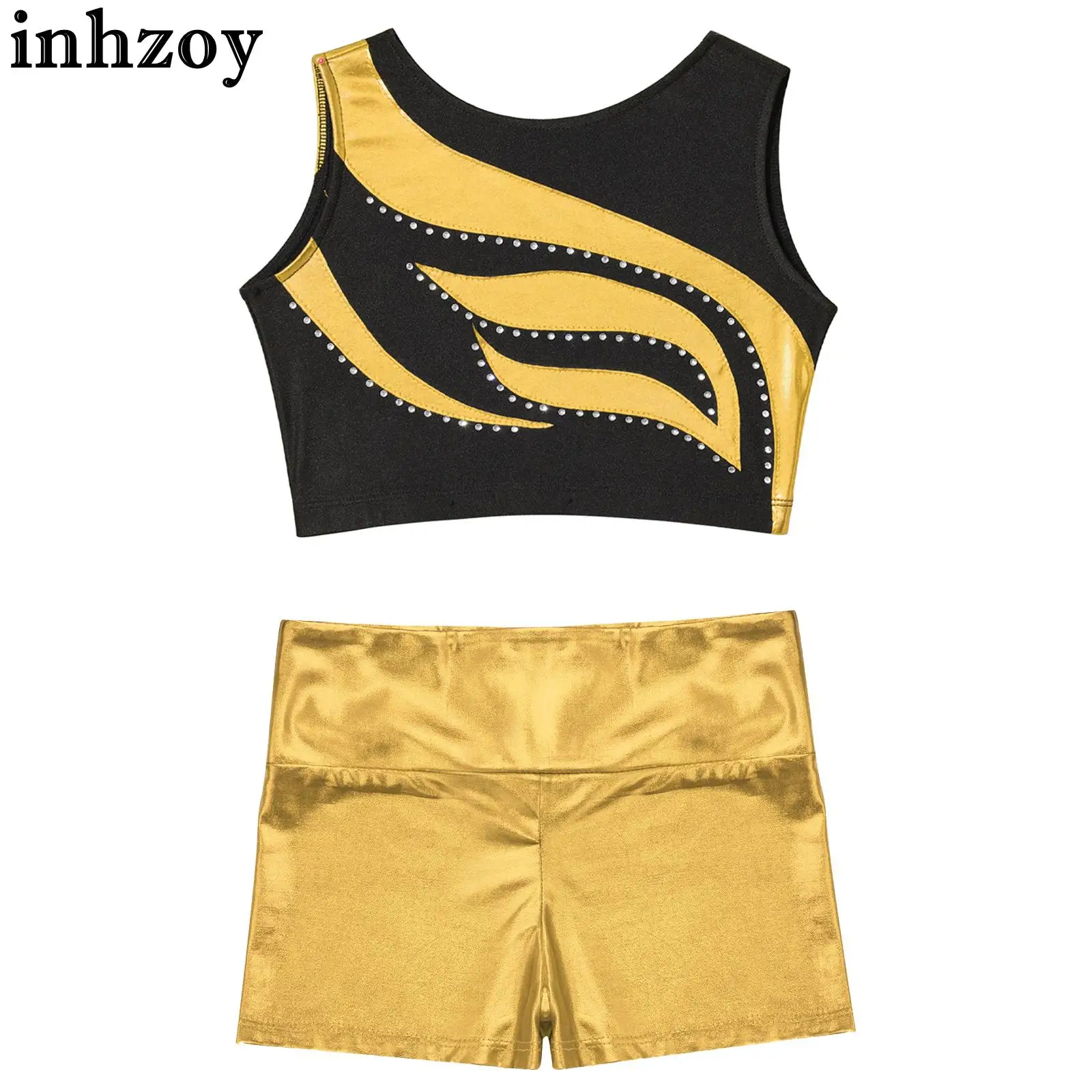 Dzieci dziewczynki 2 szt. Strój gimnastyczny do tańca bez rękawów błyszczący Rhinestone patchworkowy metaliczny krótki Top z spodenki z wysokim stanem odzieżą sportową