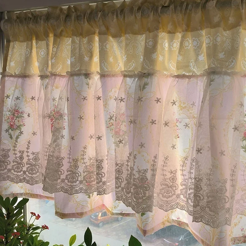 Double Layer Korean Flowers Short Curtains Cloth for Living Room Japanese Pastoral Floral Lace Half Curtains for Kitchen #A518