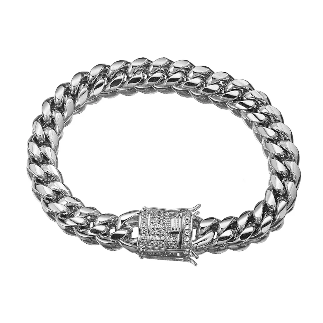 8/10/12/14/16/18MM 9 Inch Men's Simple Silver Plated Diamond Cuban Chain Hip Hop Stainless Steel Bracelet Chain