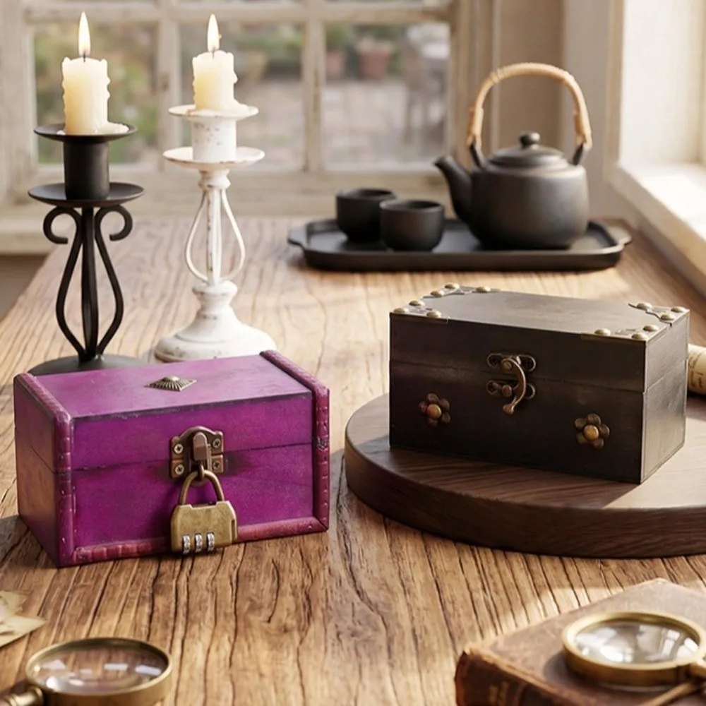 Vintage Multifunctional Treasure Chest Retro Style Antique Desktop Organizer Decorative Wooden Collection Gift Box Travel