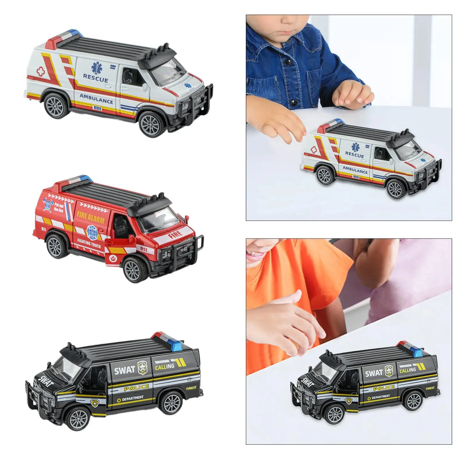 Modelo de vehículo de ambulancia para adultos, adolescentes, niños y niñas, Decoración de mesa de aleación detallada, coche de policía extraíble, 1/32