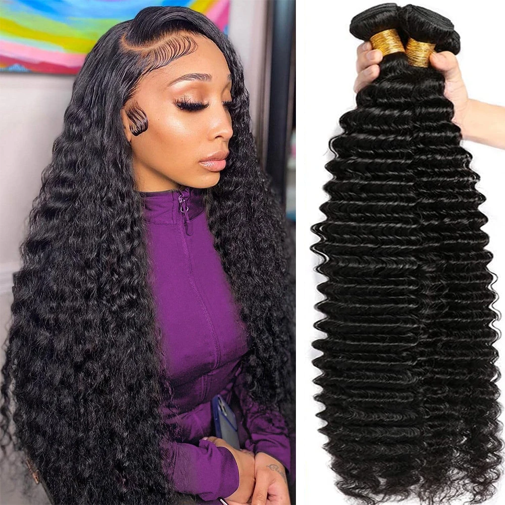 10A Deep Wave Human Hair Bundles Brazilian Hair Weave Raw Curly Human Hair Bundles 30 Inch Bundles Hair Extensions For Women