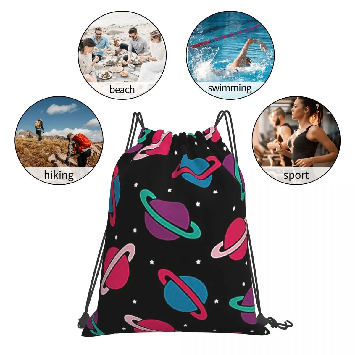 Neon Space Planets Pattern Backpacks Casual Portable Drawstring Bundle Pocket Storage Bag Book Bags For Man Woman Students