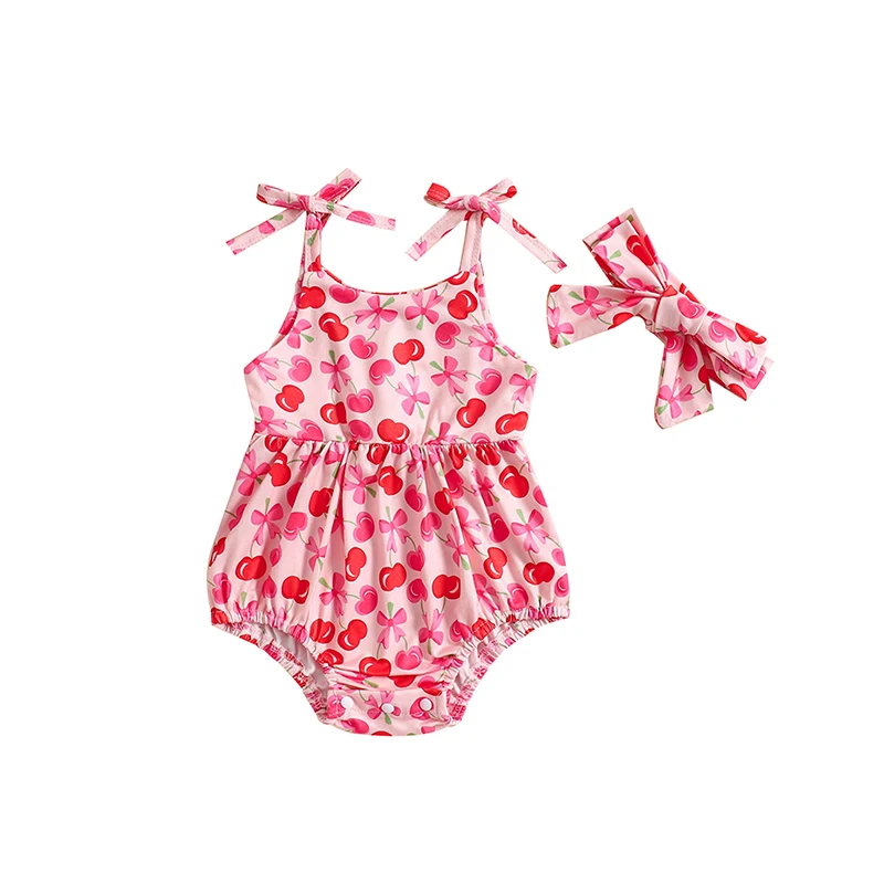 Baby Girl Romper Summer Clothes Cherry Strawberry Floral Print Sleeveless  with Headband Newborn Outfits