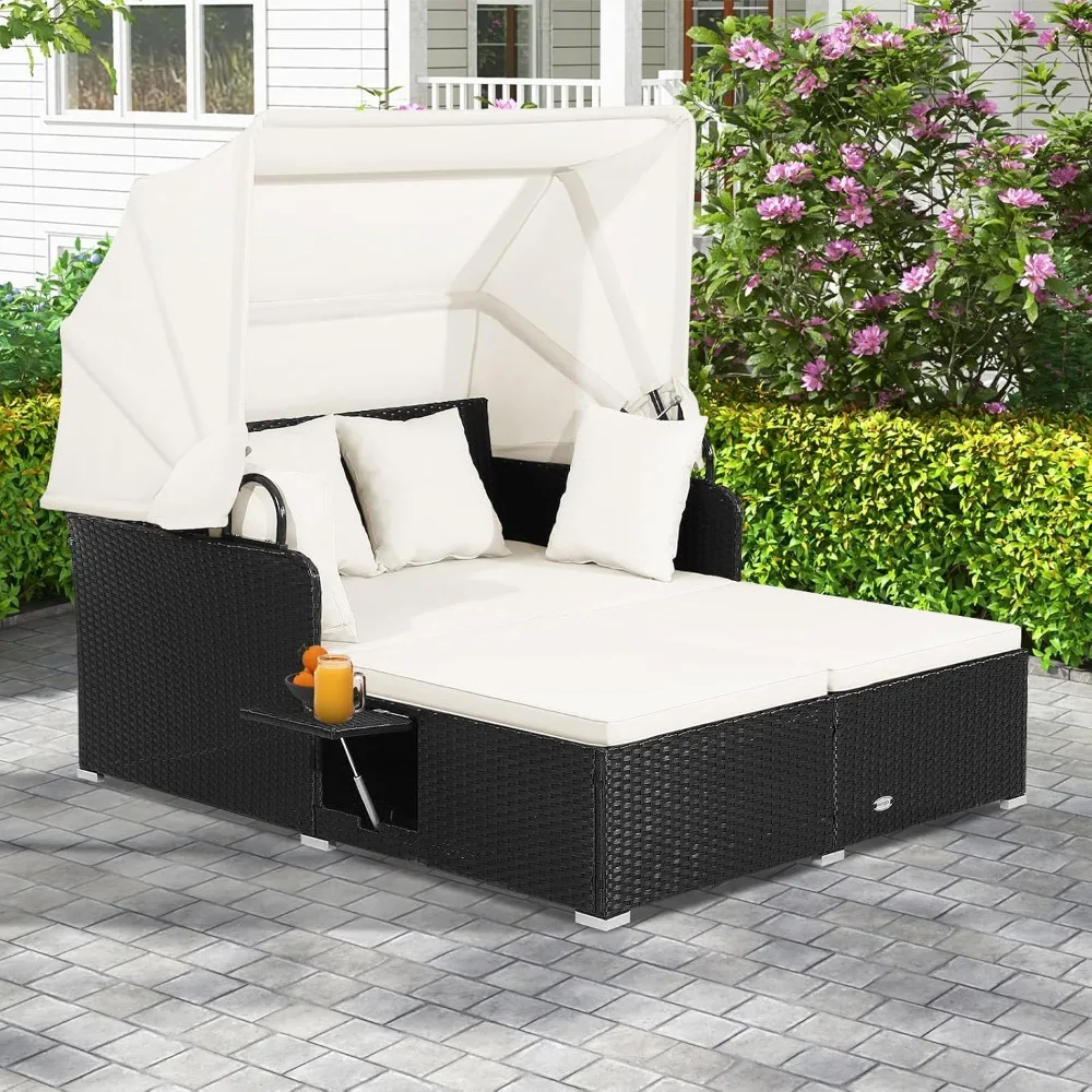 

Outdoor Daybed, 2-Person Wicker Chaise Lounge with Retractable Canopy, Cushions & Pillows, 2 Side Trays, Patio Double Sofa