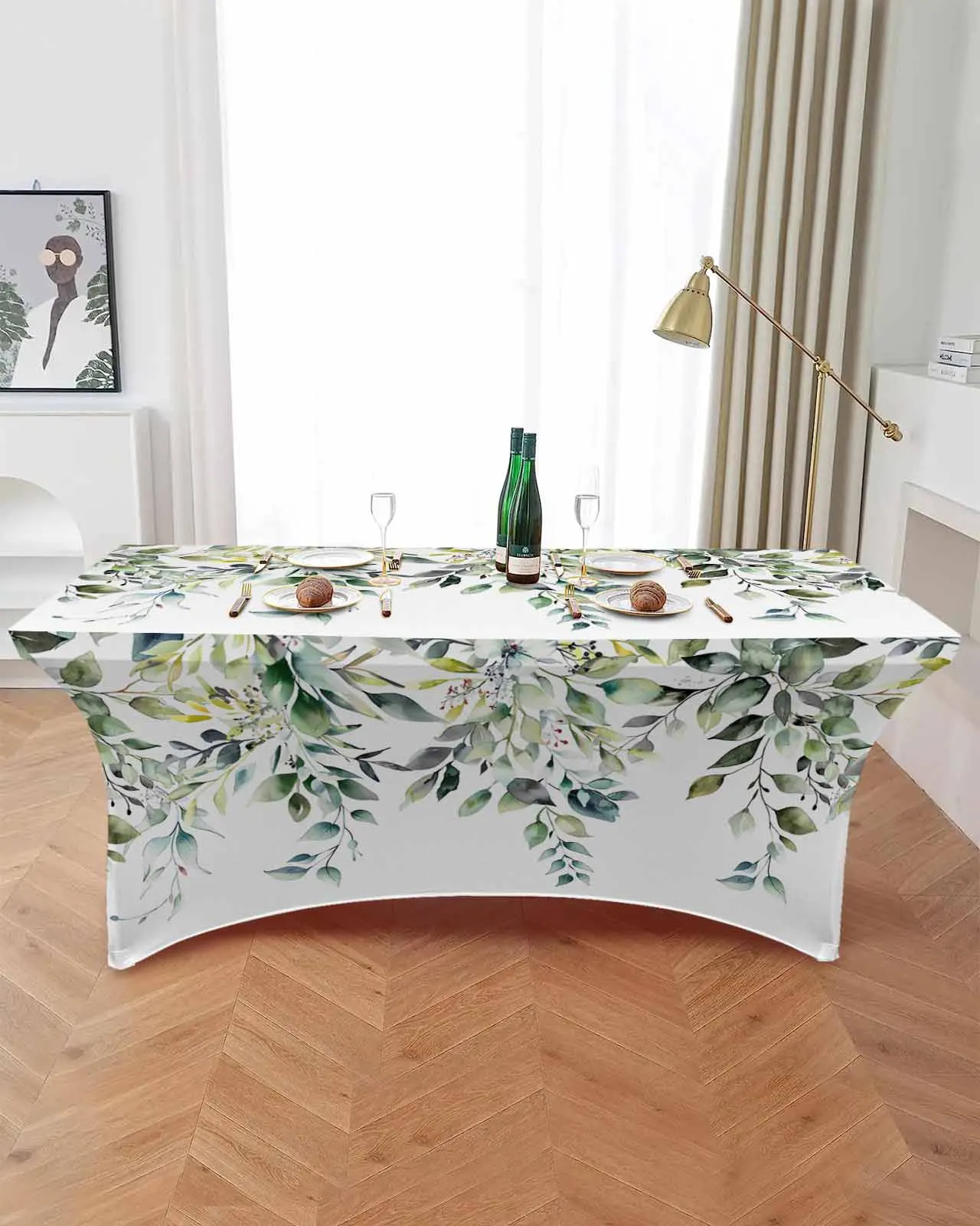 

Leaf Eucalyptus Leaf Countryside Wind Elastic Table Skirt Wedding Birthday Table Decoration Table Skirt Tablecloth for Party