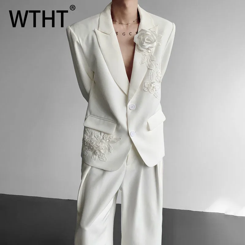 

WTHT Trendy Men’s Heavy Industy Spliced 3D Flower Design Blazer Coats Fashion Solid Color Loose Jackets Male 2025 Autumn 2A1806
