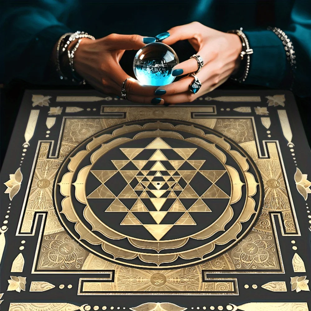 VIKAMA Golden Sacred Geometric Patterns Tapestry, For Tarot Readings, Crystal Healing, And Astrological Practices, Home Decor