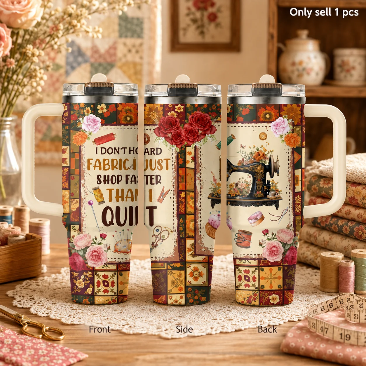 Fabric Hoarder Quilter Sewing Vacuum Flasks 40oz 3rd Gen Vacuum Insulated Stainless Steel Tumbler Cup With Handle Straw Lid