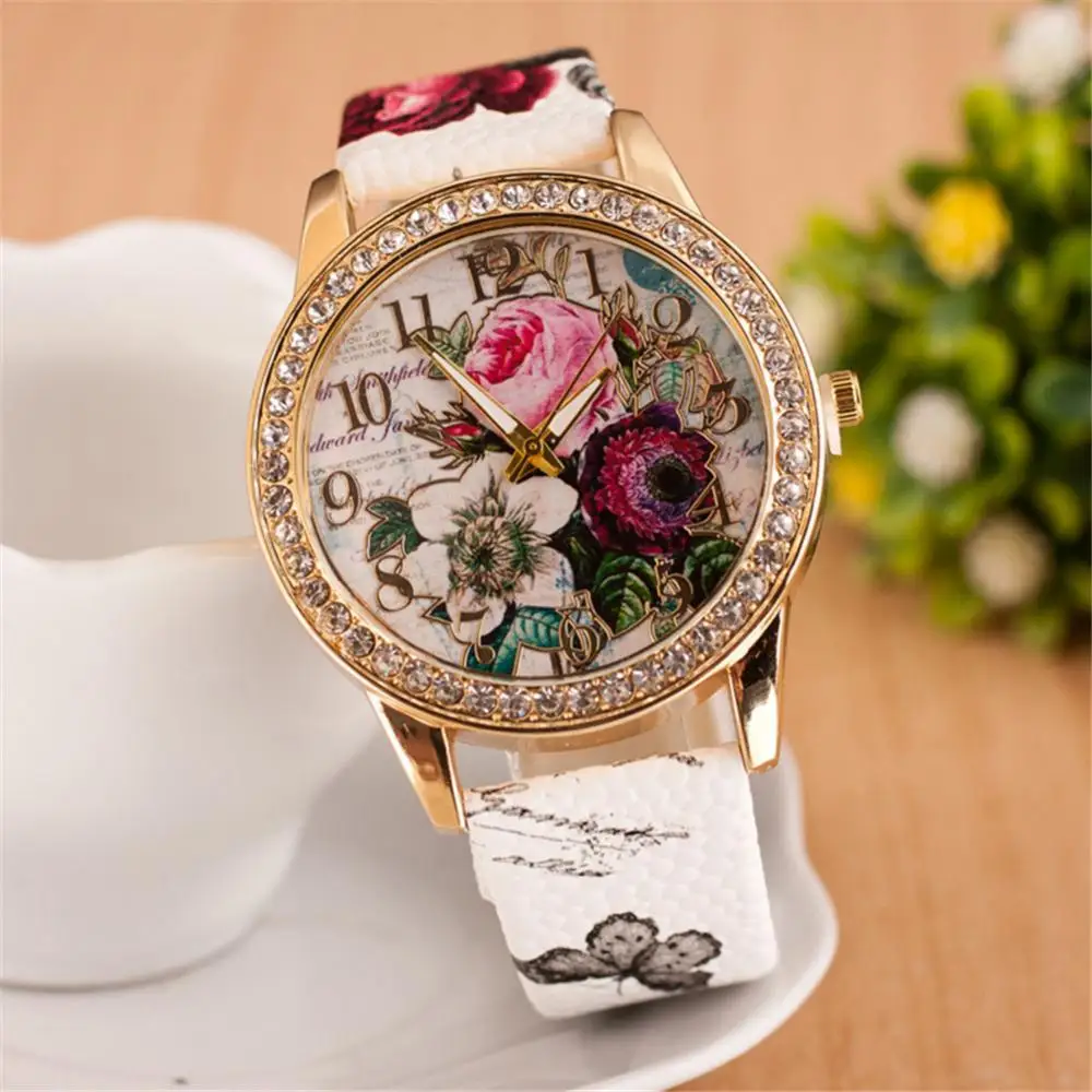 Women Rhinestone Inlaid Flower Round Dial Faux Leather Band Quartz Wrist Watch Eye-catching Arabic Numbers Display