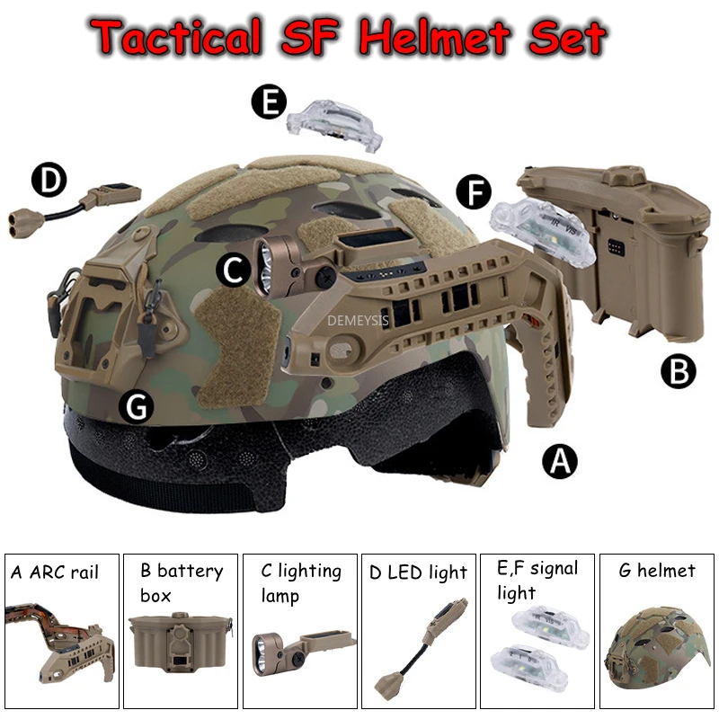 Tactical FAST SF Helmet Outdoor Hunting Shooting Airsoft Helmet Set Modular Integrated ARC Rail Battery Box with Signal Light