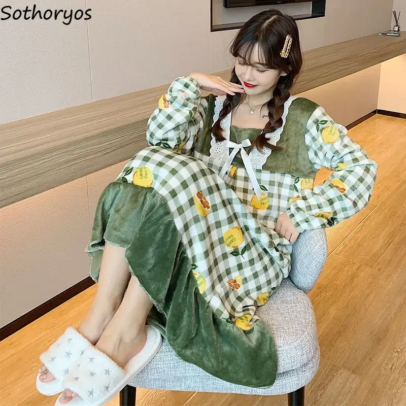 

Flannel Nightgowns Women Winter Girlish Print Home Casual Sleepwear Lounge Korean Style Loose Soft Bow All-match Chic Dormitory