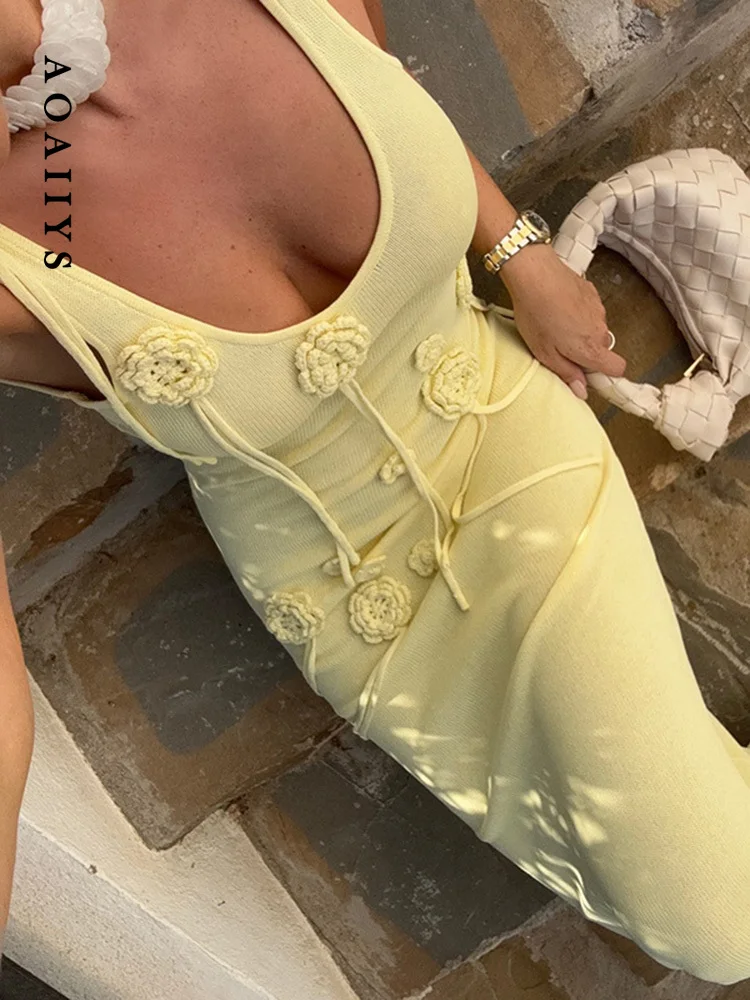 

Aoaiiys Beach Dress Women Beach Cover-Ups Sleeveless Knitted 3D Floral Solid Bikini Cover Up Summer New Fashion Female Beachwear