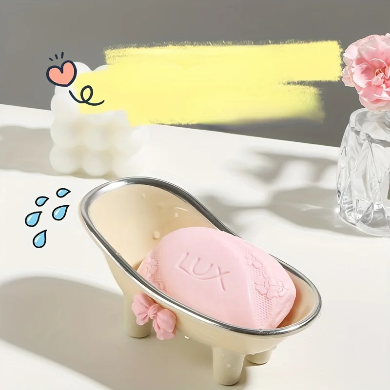 1pc Mini Bathtub-Shaped Soap Dish with Pink Bow Cute Bathroo