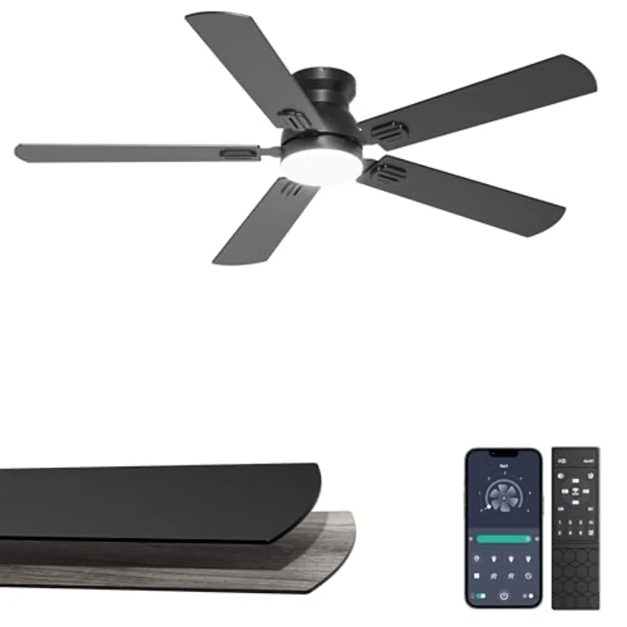 

52'' Flush Mount Ceiling Fan with Lights for bedroom and living room, black ABS blades, dimmable LED light, quiet DC motor, spa