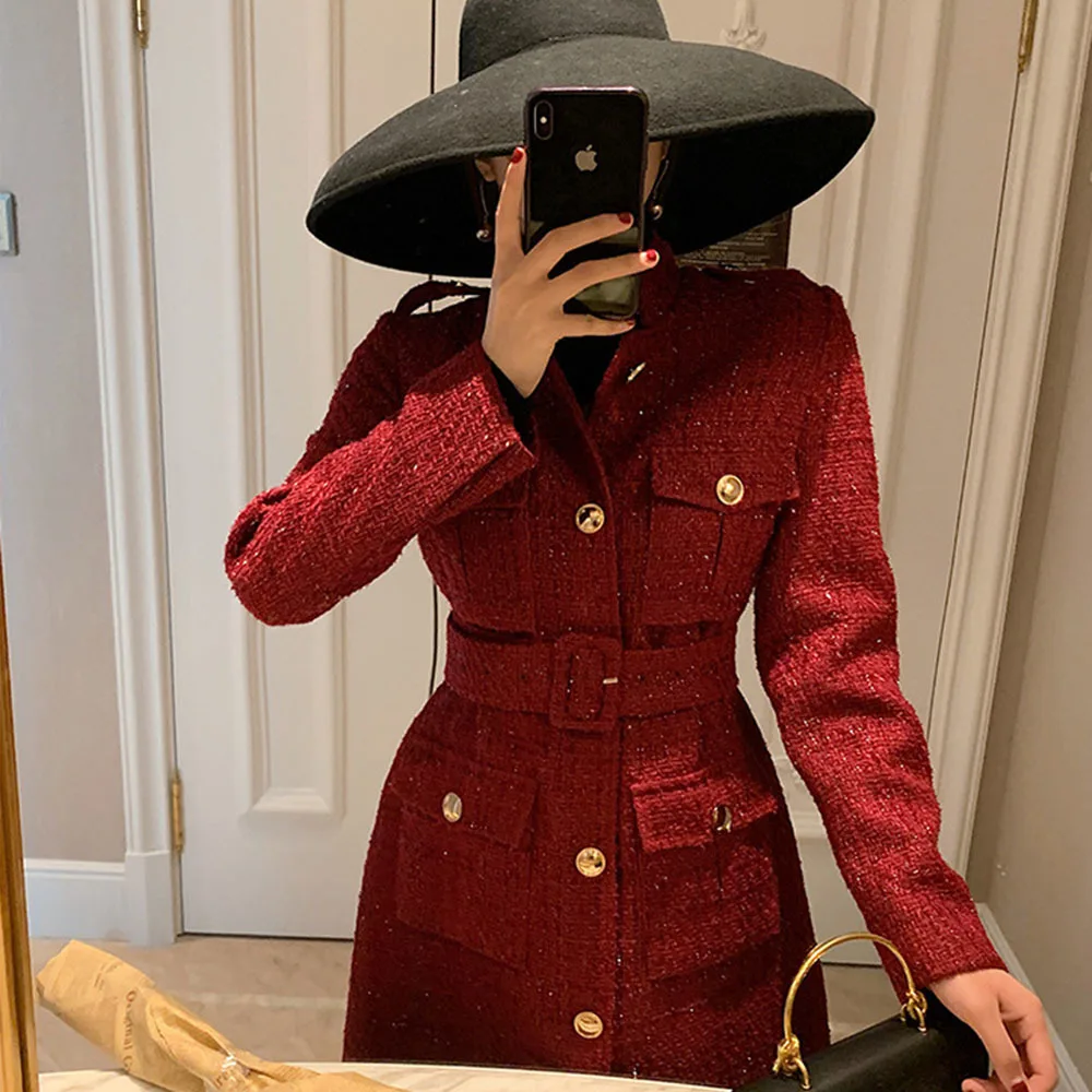 Autumn Winter Office Lady Dress Temperament Red Tweed Coat Women Suit Collar Pockets Belt Waist Long Plaid Woolen Blends Jacket