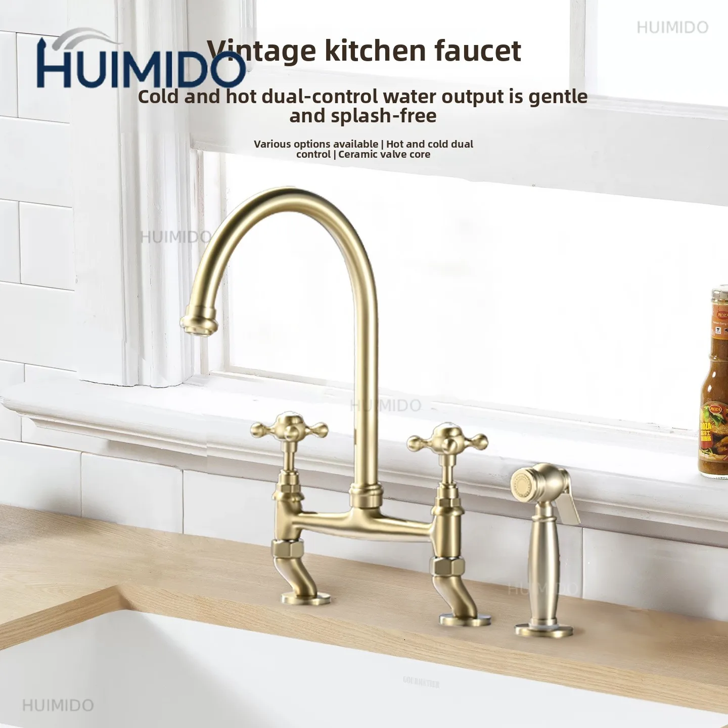 Brass French Vintage Bridge Style Brushed Gold Kitchen Faucet Dual Hole Rotatable Sink Tap with Spray