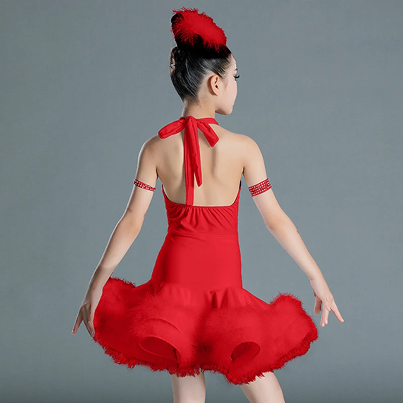 New Kids Latin Dance Costume Girls Performance Clothes Red White Feather Dress Cha Cha Ballroom Dance Competition Dress BL7088