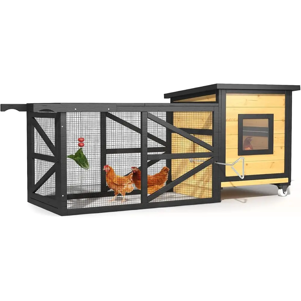 

Chicken Coop, Outdoor Chicken House, Mobile Wooden Coop with Run, Waterproof Roof, Wheels, Removable Tray, Hanging