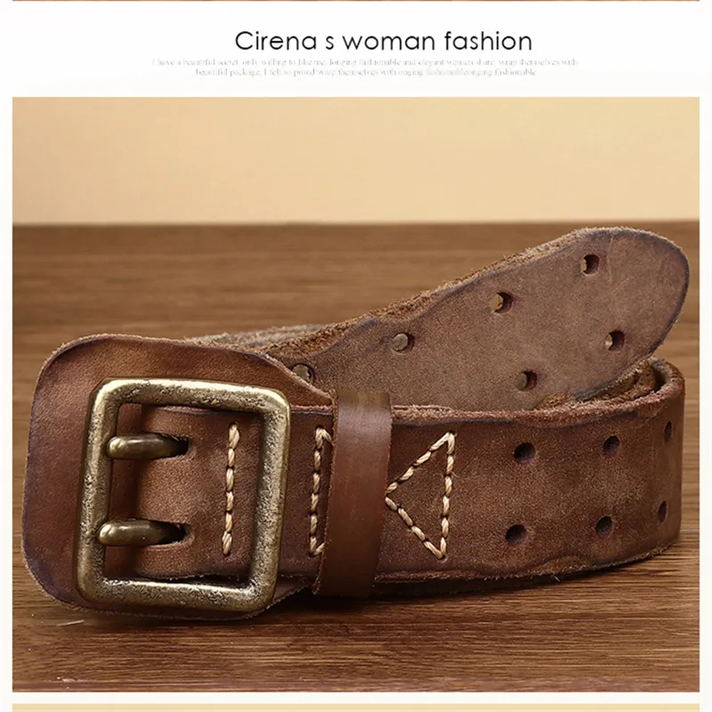 Men 2 Pin Buckle Top Real Full Grain Genuine Leather Belt 38 mm Double Needle Casual Jeans Belt