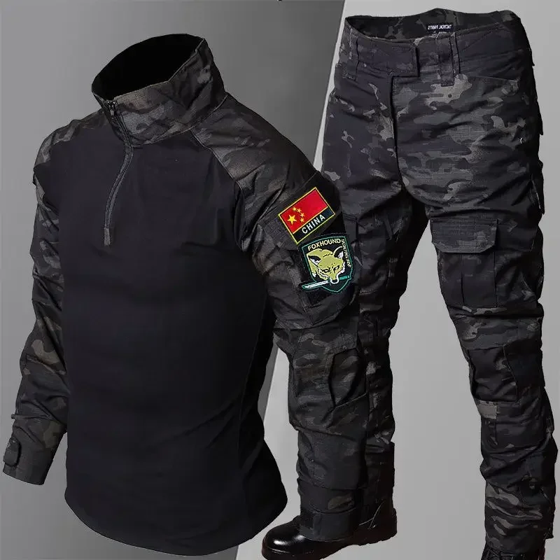 RU Camo Taktische Sets Männer Im Freien Atmungsaktive Langarm T Shirts + Multi-tasche Gerade Cargo Hose 2Pcs anzug Training Kampf Set – Detail 7
