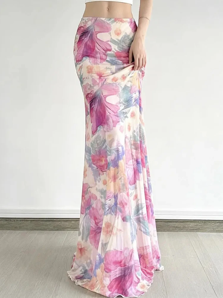 Boho Mesh Floral Long Skirt Women Elegant Summer Slim High Waist Chic Skirts Casual Fashion Sweet Beach Holiday Lady Long Skirts