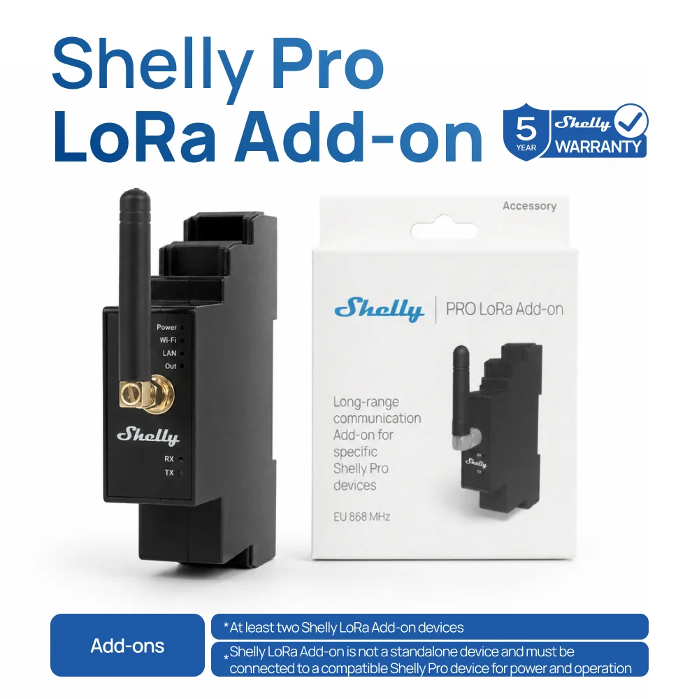 Shelly Pro LoRa Add-on Extends Long Range Lora Communication Up To 5 Km For Specific Shelly Pro Devices Enabling Automation And