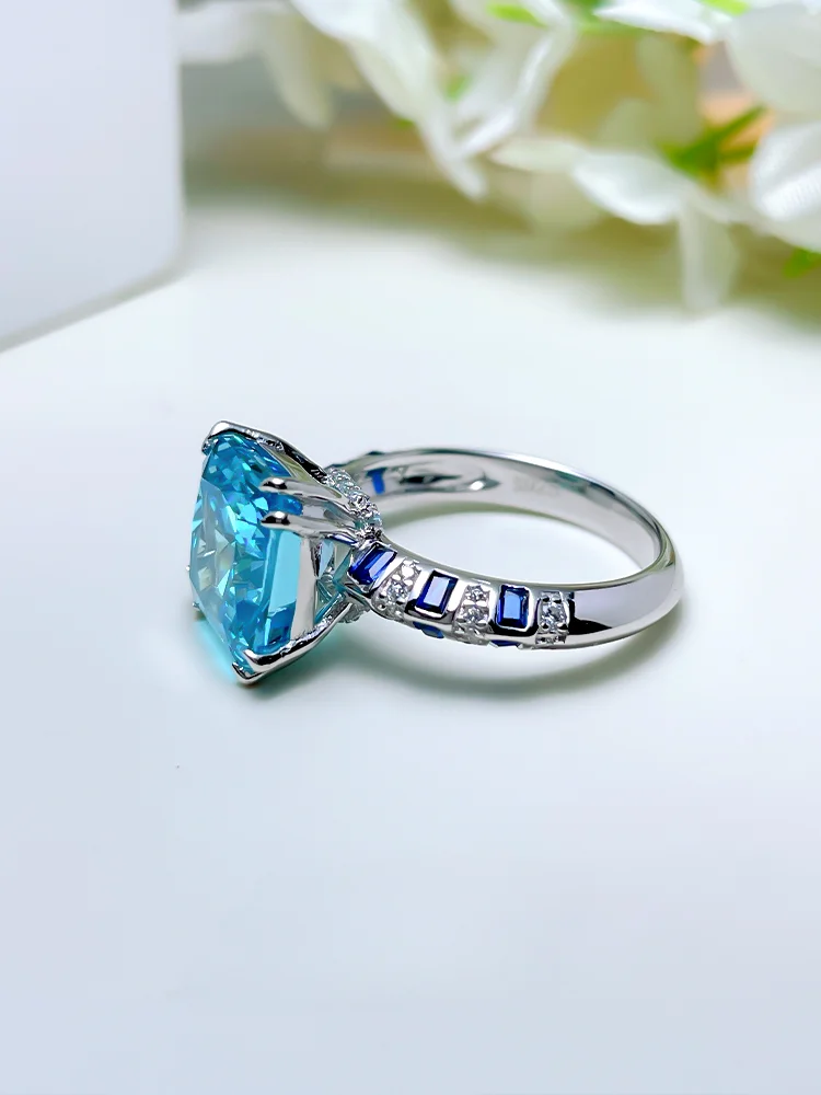 Retro Style 925 Sterling Silver Sea Blue Treasure Ring Inlaid with Fashionable Niche and High Sense Female