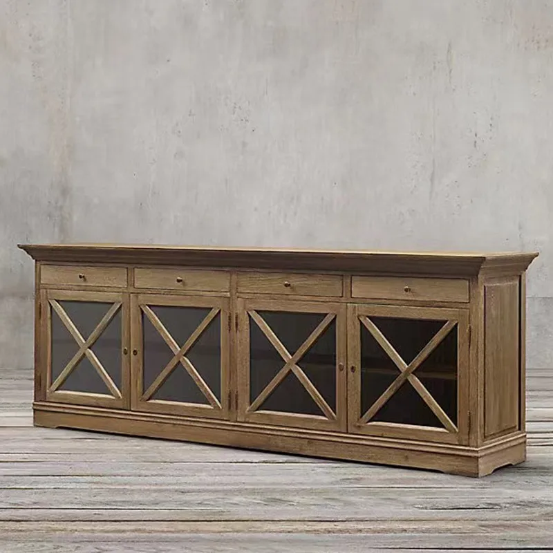 American Solid Wood TV Cabinet, Living Room Small Apartment Audio-visual Retro Low Cabinet Floor Cabinet European TV