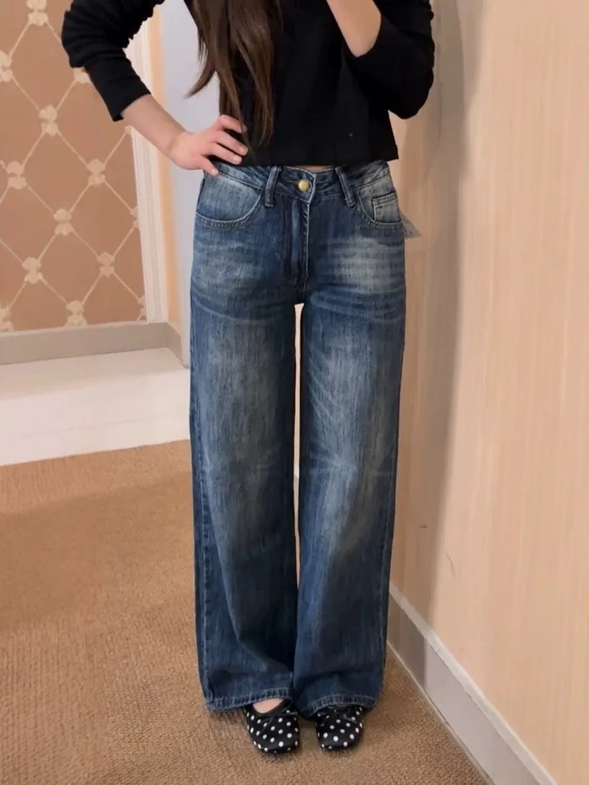 Low Waist Wide Leg Straight Cut Blue Washed Denim Jeans Women's Loose Fit Slimming Design Casual Trousers Korean Style