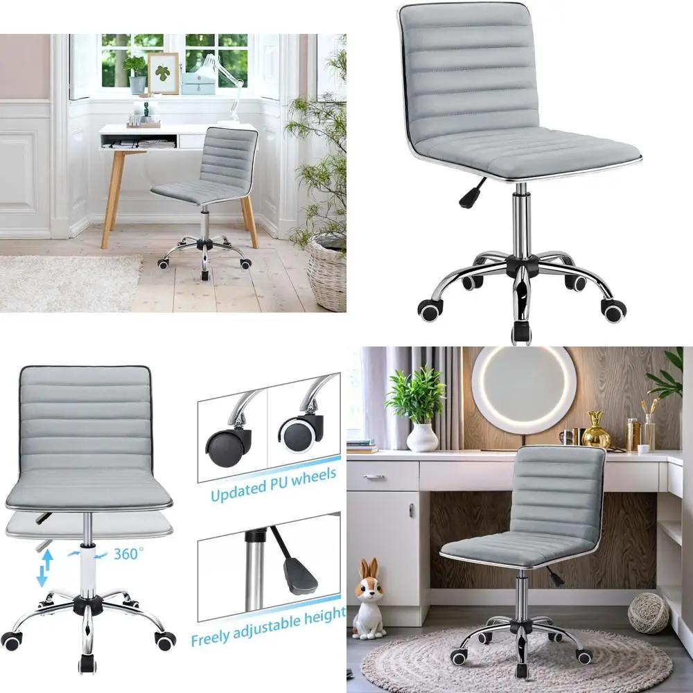 Retro Style Armless Ribbed Light Grey Mid-Back Swivel Chair for Computer Desk