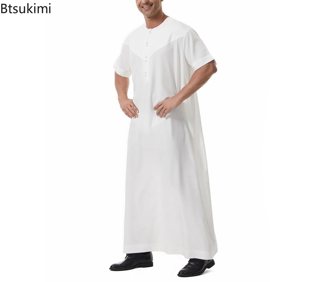 Muslim Fashion Men Jubba Thobe Middle East Casual Kaftan Short Sleeve Solid O-neck Robe Arabic Saudi Men Abaya Islamic Clothing