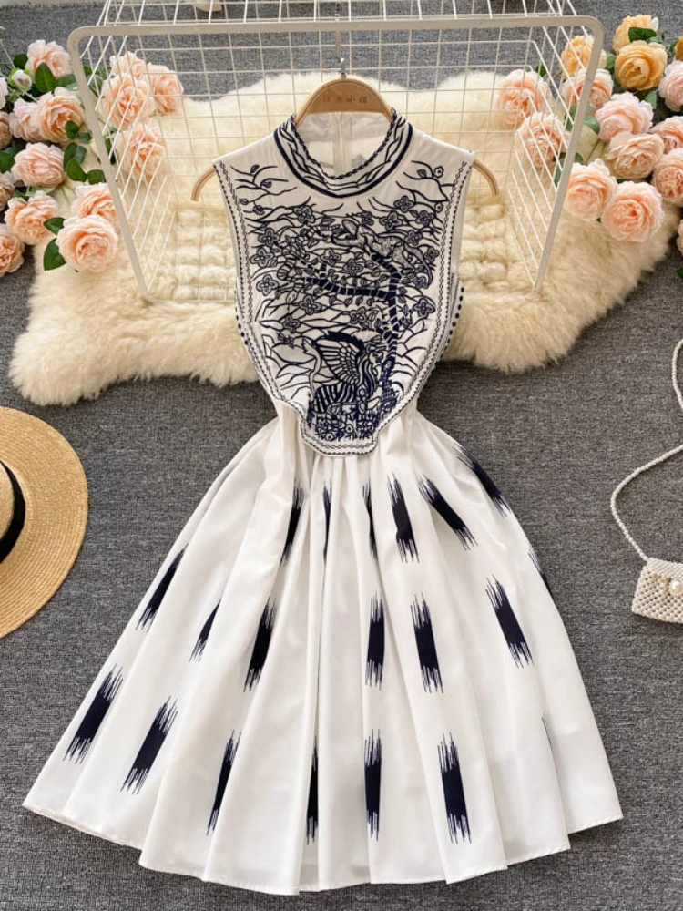 Women Vintage Elegant Sexy Party Exclusive Dress Summer Round Neck Sleeveless High Waist Slim A-line Short Dresses Vestidos