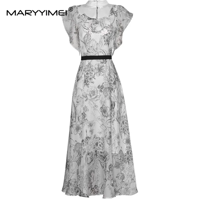 

MARYYIMEI Fashion Summer Women's Stand Collar Butterfly sleeve Ink Wash print Button High Waisted Streetwear Dresses