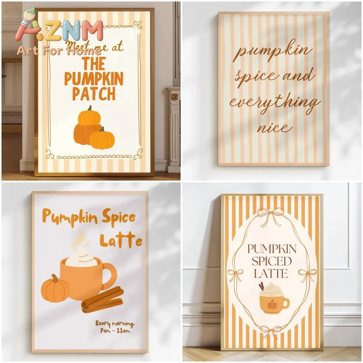 1pc frameless Pumpkin Spice Latte Print, Fall Coffee Wall Art, Cozy Autumn Kitchen Decor, Pumpkin Illustration, Seasonal Cafe Po