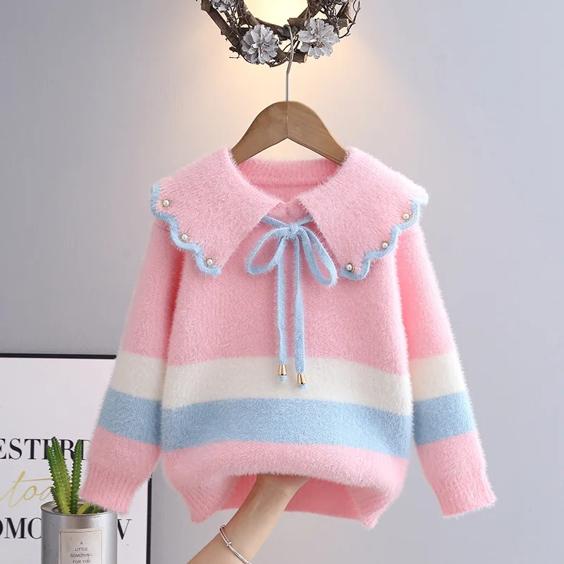 

Girls Sweater Winter Peter Pan Collar Children Keep Warm Knitwear Stripes Bow-tie Beading Flocking Princess Knitted Tops IY07311