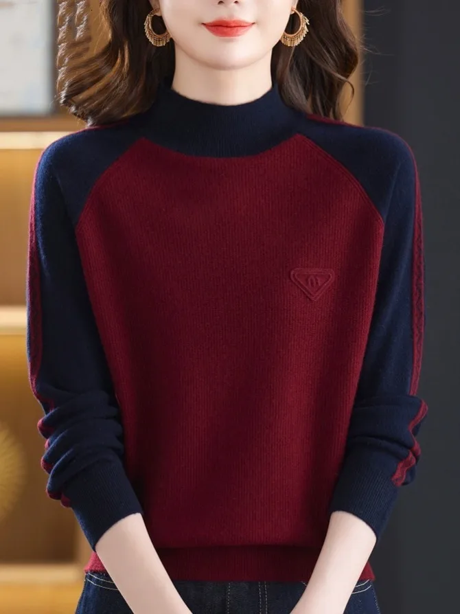 سترة محبوكة للأم من Faionable قاعدة irt Color Blo f بياقة عالية كاجوال Sle من الصوف الناعم مزيج شتوي طويل Sve