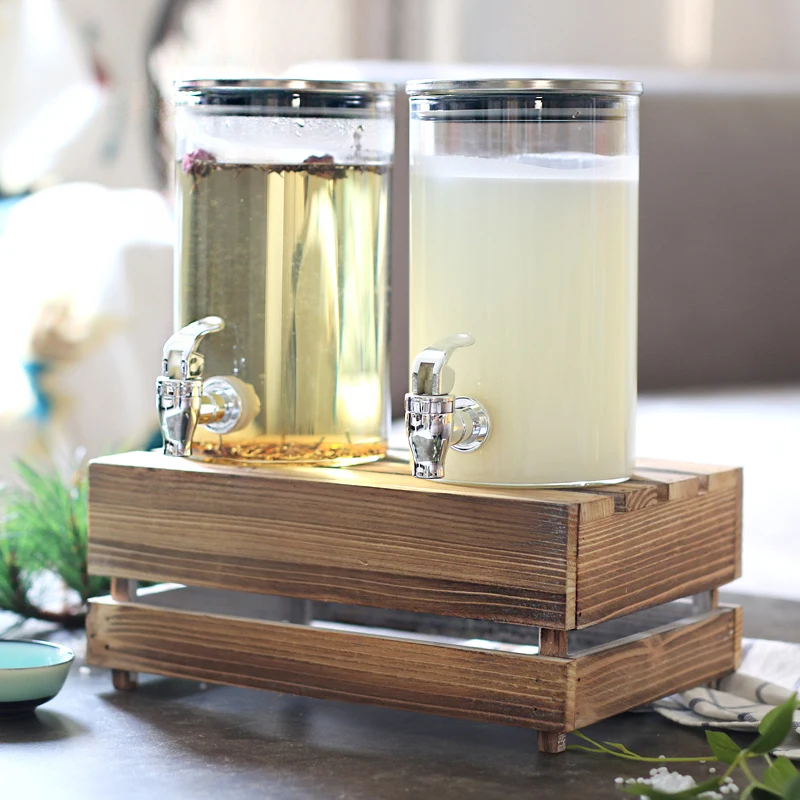 Heat-resistant glass juice can with faucet, self-service beer and beverage bucket, honey sealed bottle, wooden bottom tray