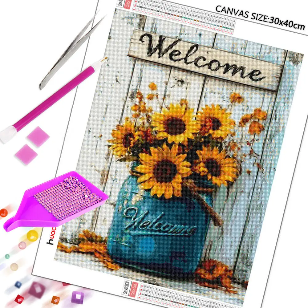 Huacan Full Square Round Drill Diamond Painting Sunflower Landscape Diamond Mosaic Painting 5D DIY Rhinestone Pictures