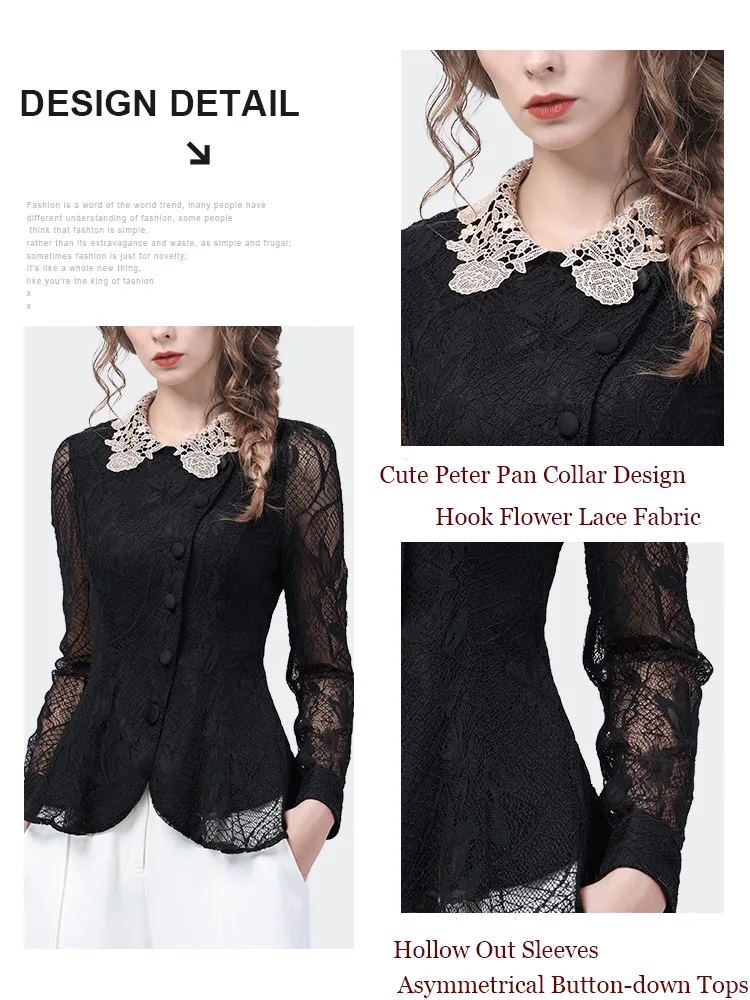 2024 New Black Hollow Out Lace Shirt Tops Women\' Long Sleeve Slim White Lapel Collar Bottoming Shirt Vintage Casual Blouses